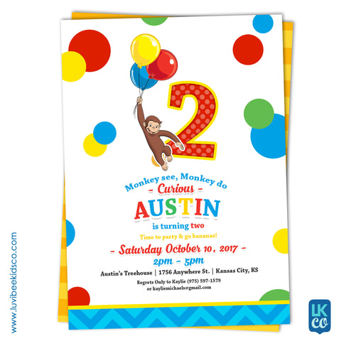 Curious George Invitation with Backside Image | Primary Color Dots - LuvibeeKidsCo