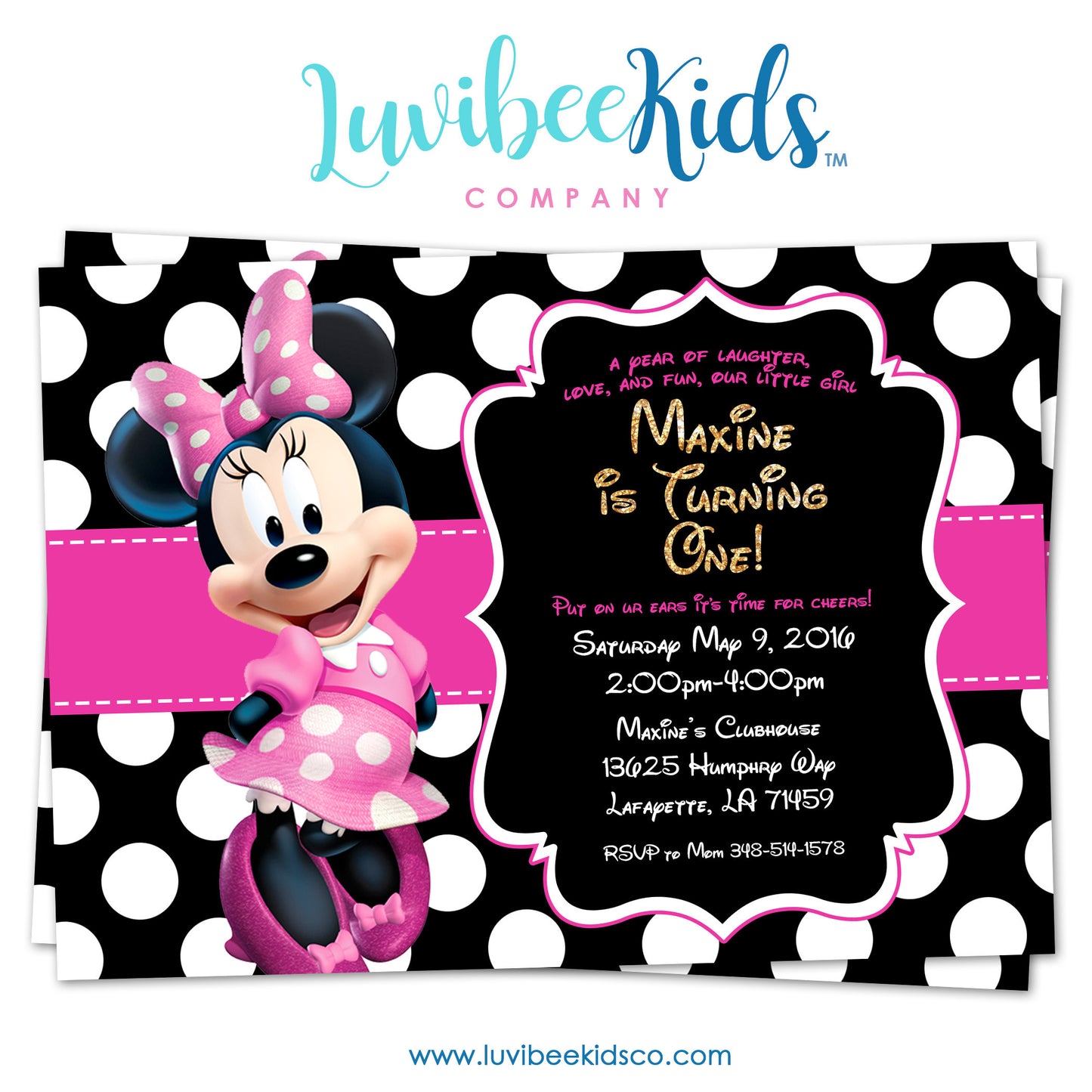 Minnie Mouse Birthday Invitation - Printable Invite - Style #01 - Pink & Black - LuvibeeKidsCo