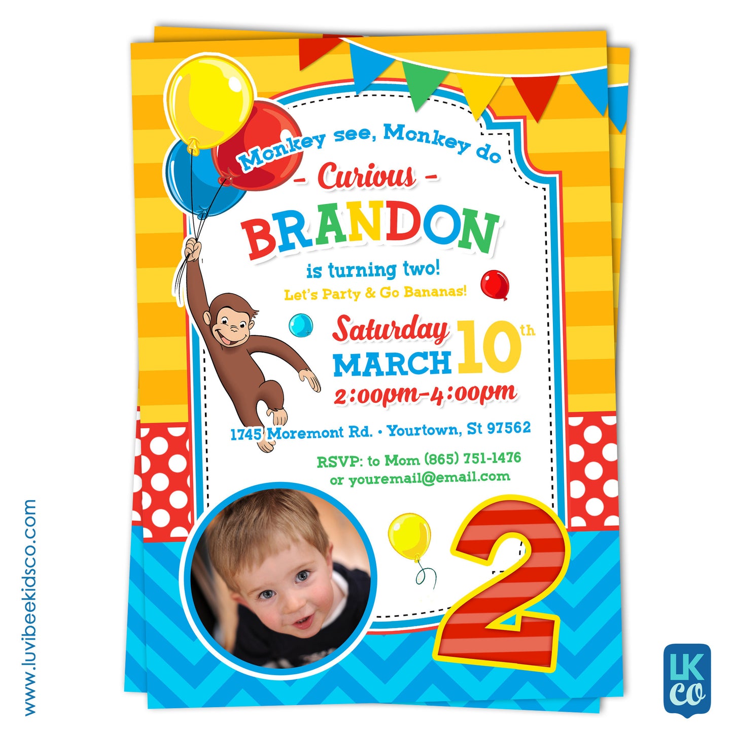 Curious George Invitation with Photo for Boy or Girl - Design 006 - LuvibeeKidsCo