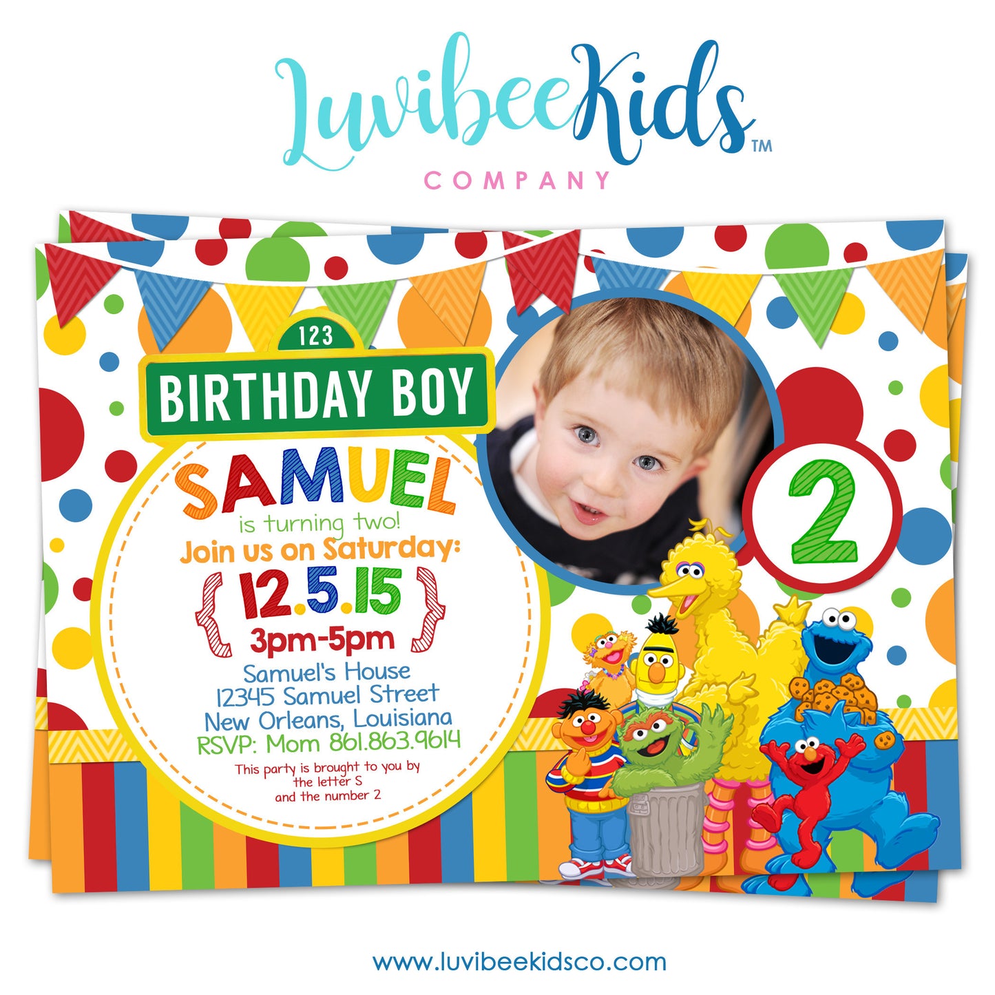 Sesame Street Birthday Invitation with Photo - Primary Colors - Style #02 - LuvibeeKidsCo