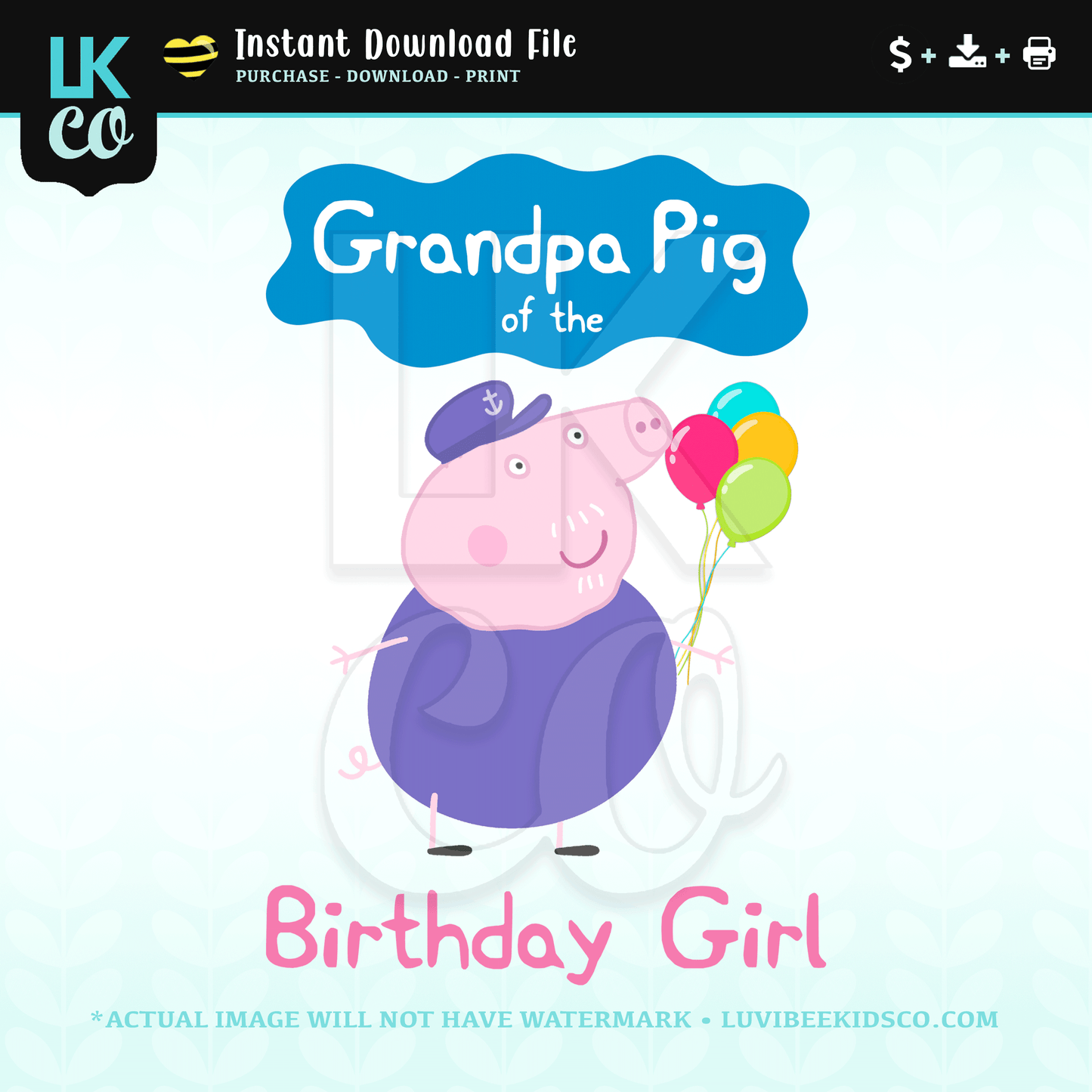Peppa Pig Iron On Transfer | Grandpa Pig of the Birthday Girl
