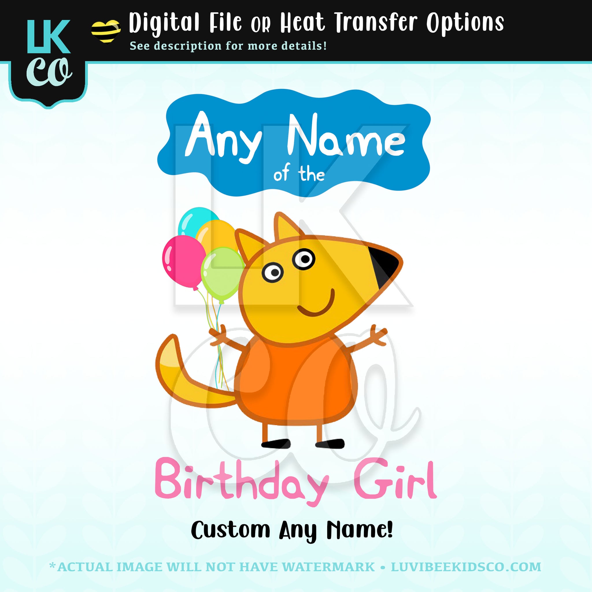 Peppa Pig Iron On Transfer | Freddy Fox - Add Any Name of the Birthday Girl