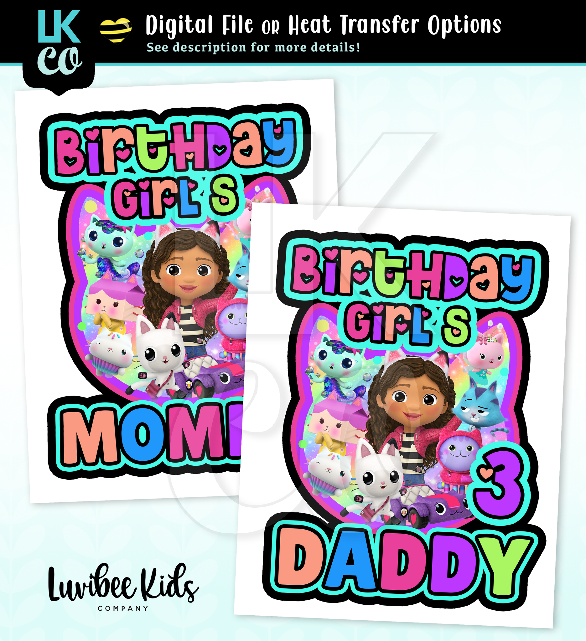 Gabby's Dollhouse Inspired Birthday Design - Colorful Friends - Mommy & Daddy Set - Dark Background
