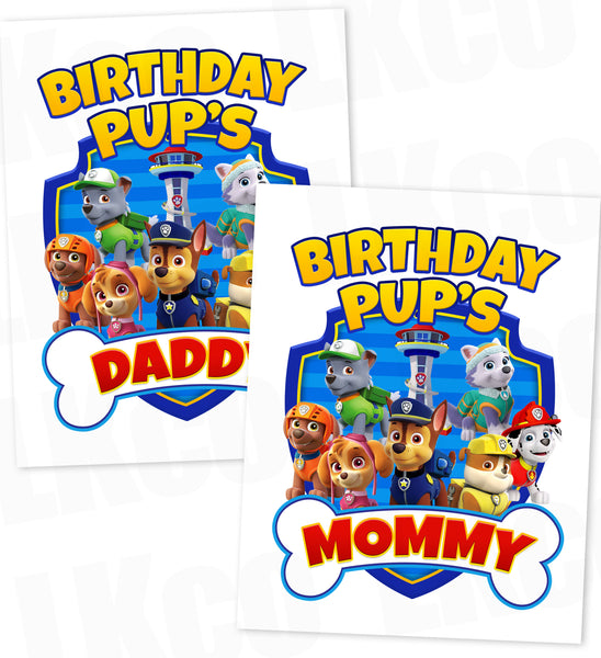 Paw Patrol Iron On Transfer - Bone | Blue - Birthday Pup's Daddy & Mommy Set | Style 02 - LuvibeeKidsCo