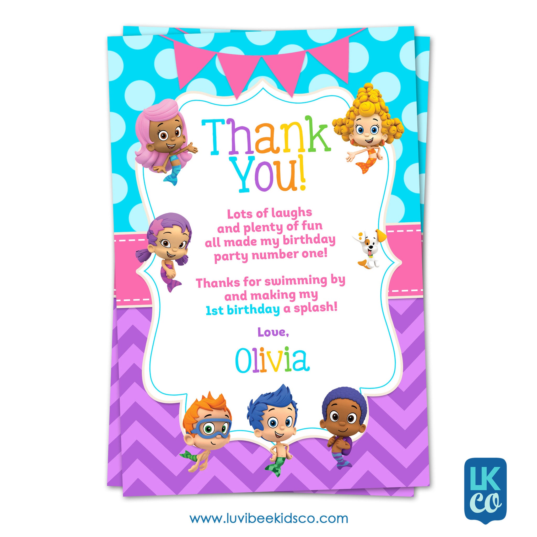Bubble Guppies - Girl's Style | Rainbow | Personalized Thank You Card 4x6 - LuvibeeKidsCo