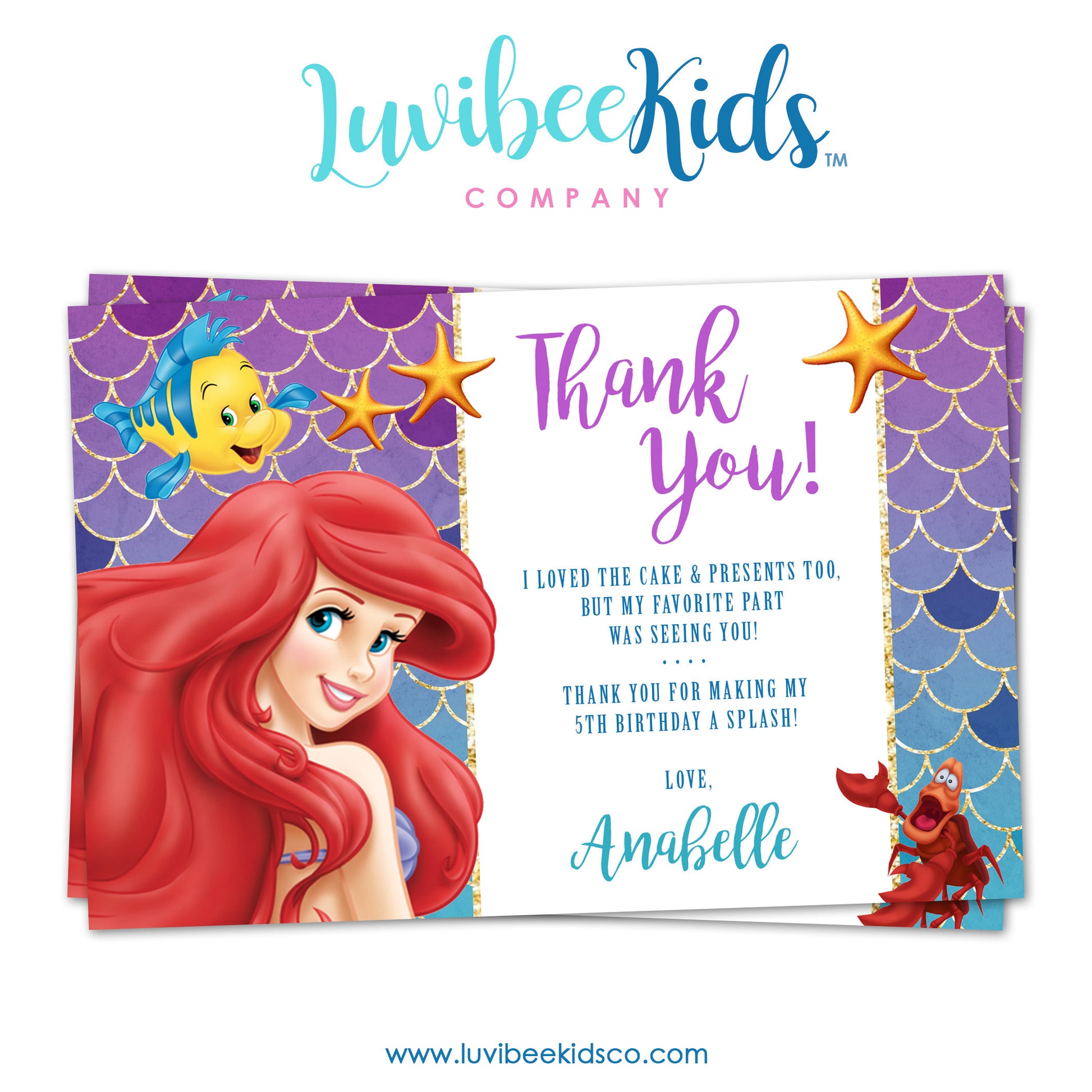 Disney Princesses | Little Mermaid Thank You Card | Personalized Card - LuvibeeKidsCo