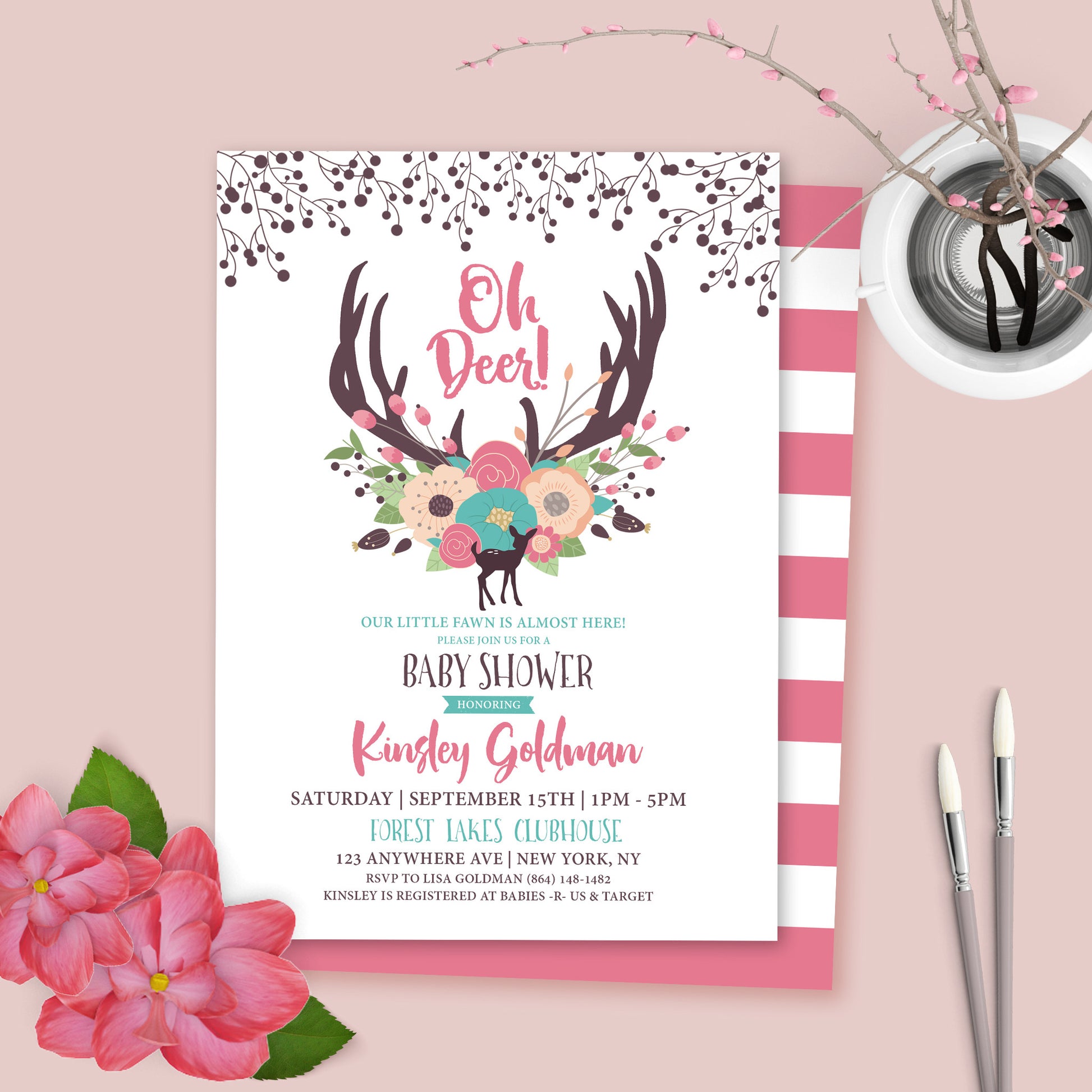 Oh Deer Baby Shower Invitation | Baby Deer Floral Baby Shower - LuvibeeKidsCo