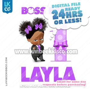 Boss Baby Iron On Transfer | African American Girl | Curly Puffs - with Age - Purple - LuvibeeKidsCo