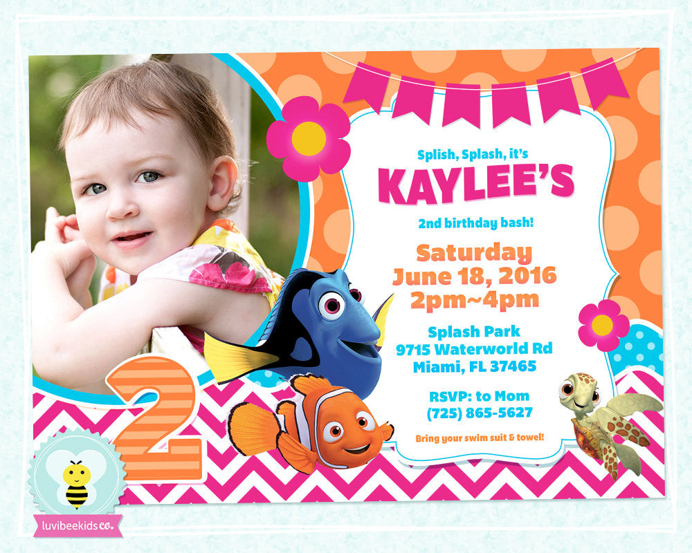 Finding Dory Birthday Invitation with Photo - Finding Dory Party Printables - Pink & Orange - LuvibeeKidsCo