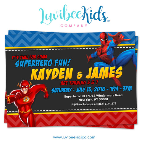 Combined Superhero Birthday Invitation - The Flash & Spiderman - LuvibeeKidsCo