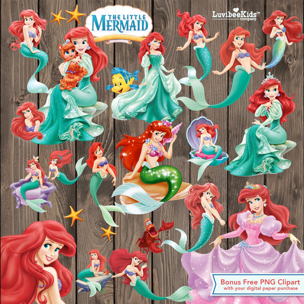 Little Mermaid Inspired Digital Paper Pack | Bonus Clipart Included Instant Download - LuvibeeKidsCo