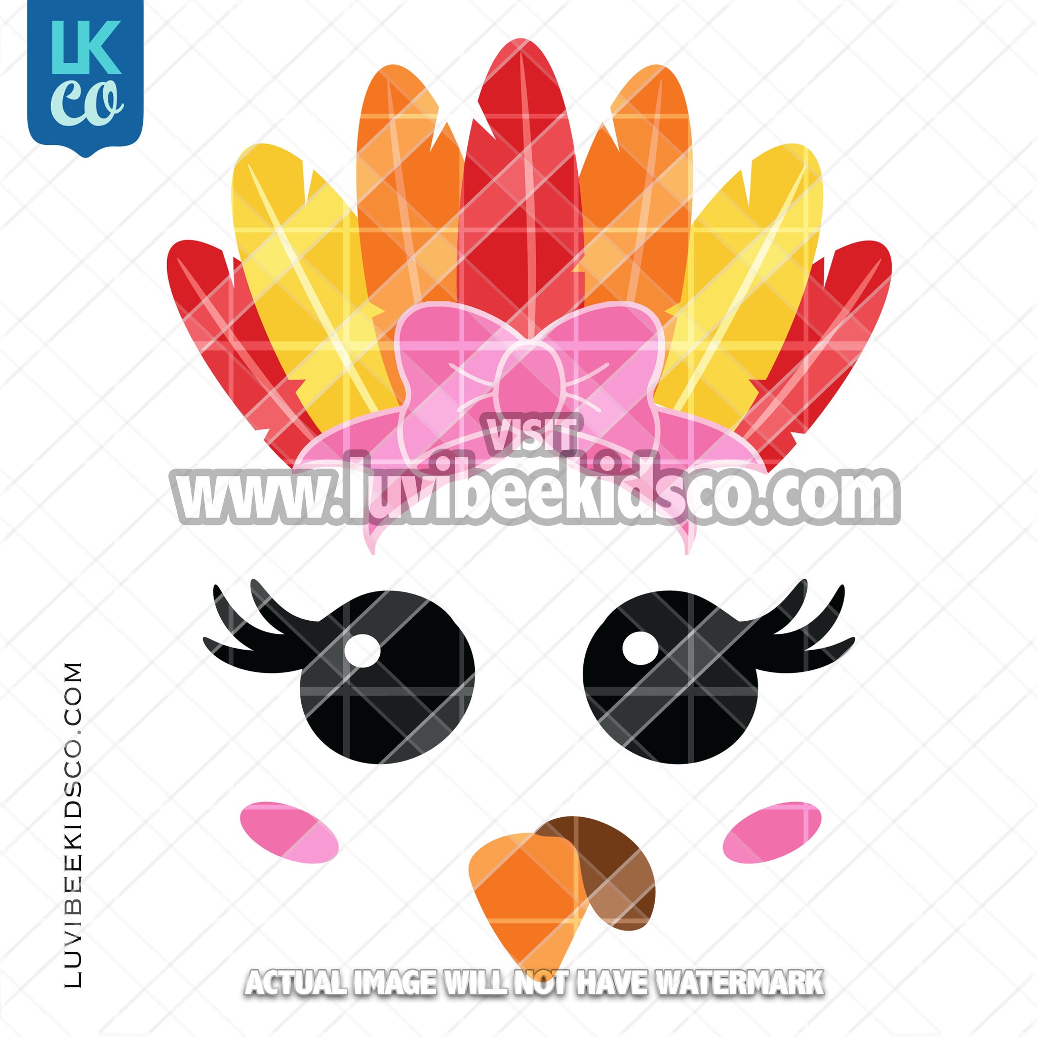 Cute Girl Thanksgiving Turkey Face with Bow Heat Transfer Design - Select Printed Transfer or Digital SVG & PNG
