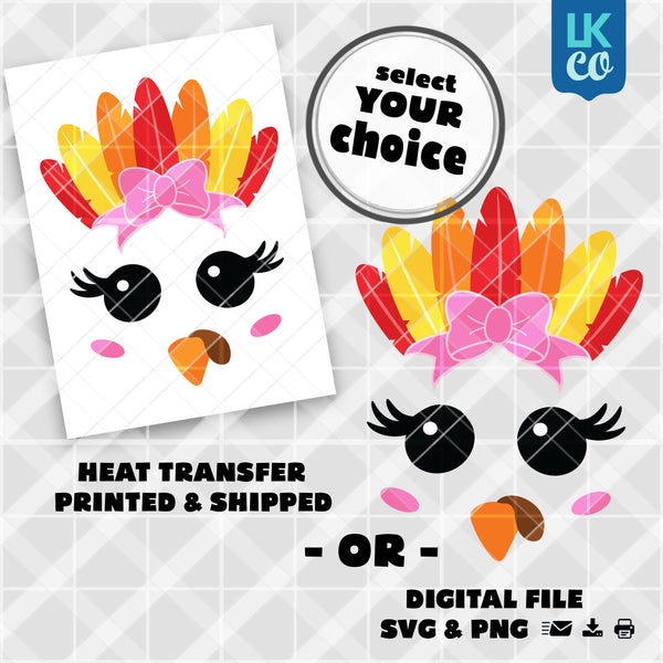 Cute Girl Thanksgiving Turkey Face with Bow Heat Transfer Design - Select Printed Transfer or Digital SVG & PNG