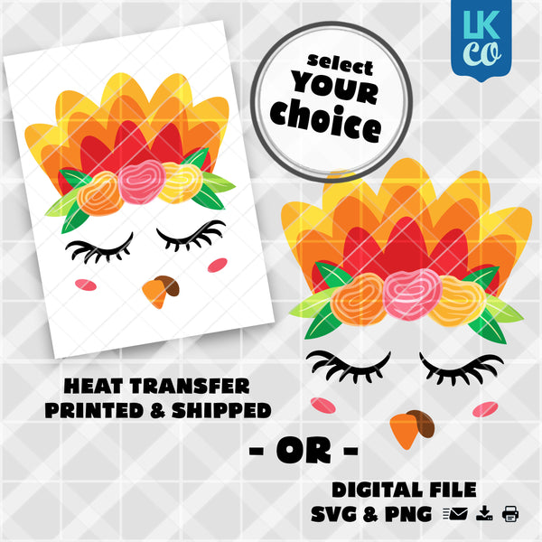 Cute Girl Thanksgiving Turkey Face with Flowers Heat Transfer Design - Select Printed Transfer or Digital SVG & PNG