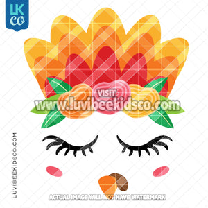 Cute Girl Thanksgiving Turkey Face with Flowers Heat Transfer Design - Select Printed Transfer or Digital SVG & PNG